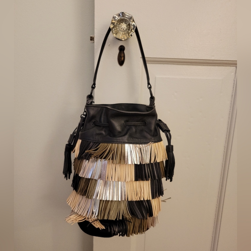 NWOT Loeffler Randall genuine leather fringe handbag purse. Black tan metallic - Picture 1 of 16